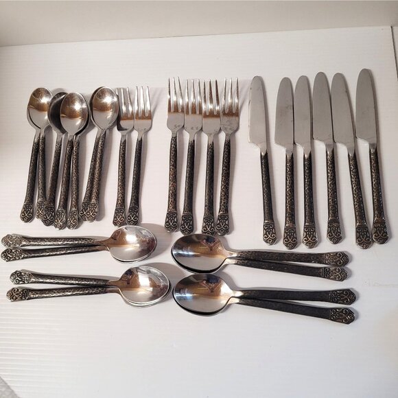 Flatware Gourmet Settings 27 Pc Avalon Barcelona 18/10 Stainless Black Hammered - Picture 1 of 9